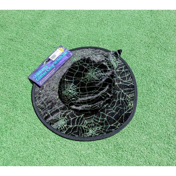 Witch Hat Green Glitter Sparkle Spiderweb Pattern Girl Kid Halloween Costume NWT - Picture 1 of 3
